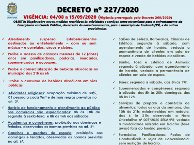 Prorrogada a vigência do Decreto Municipal 227/2020 até 15/09/2020.