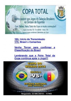 Venha assistir ao Jogo Brasil x Camarões na Copa Total 23/06