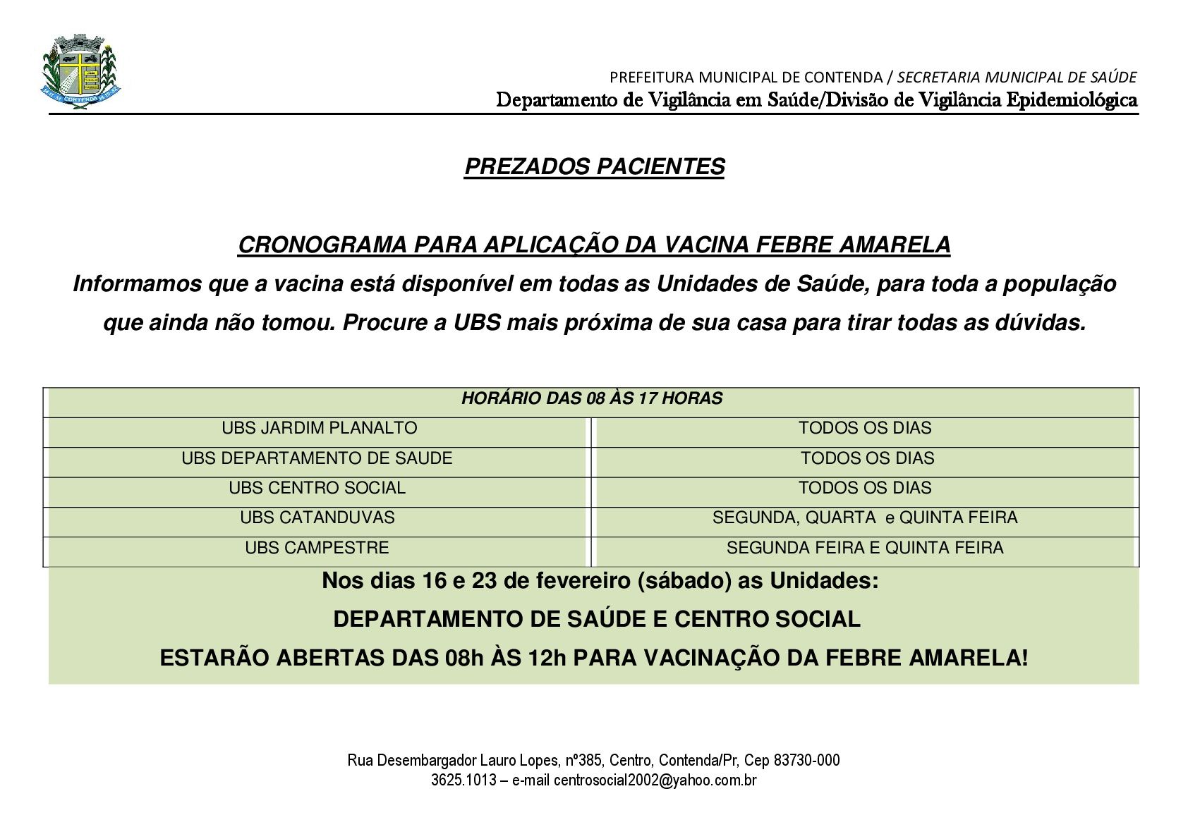 ***COMUNICADO *** VACINA FEBRE AMARELA***