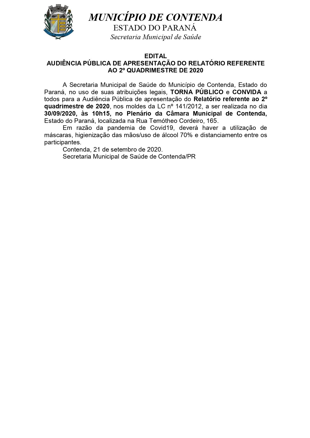 AUDIÊNCIA PÚBLICA REFERENTE AO 2º QUADRIMESTRE DE 2020