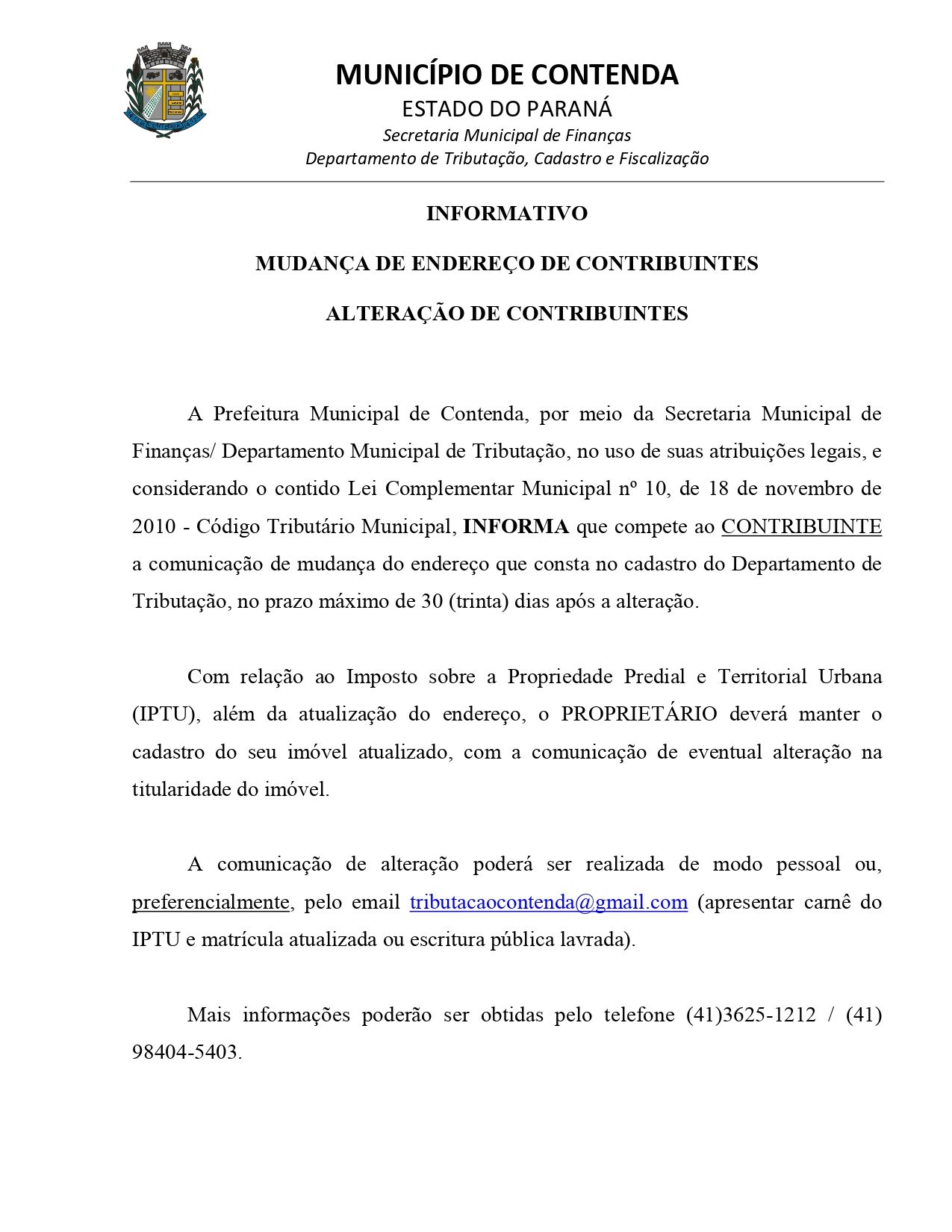 INFORMATIVO - Orientações para ocorrência de alteração de endereço ou alteração de contribuintes junto ao cadastro munic