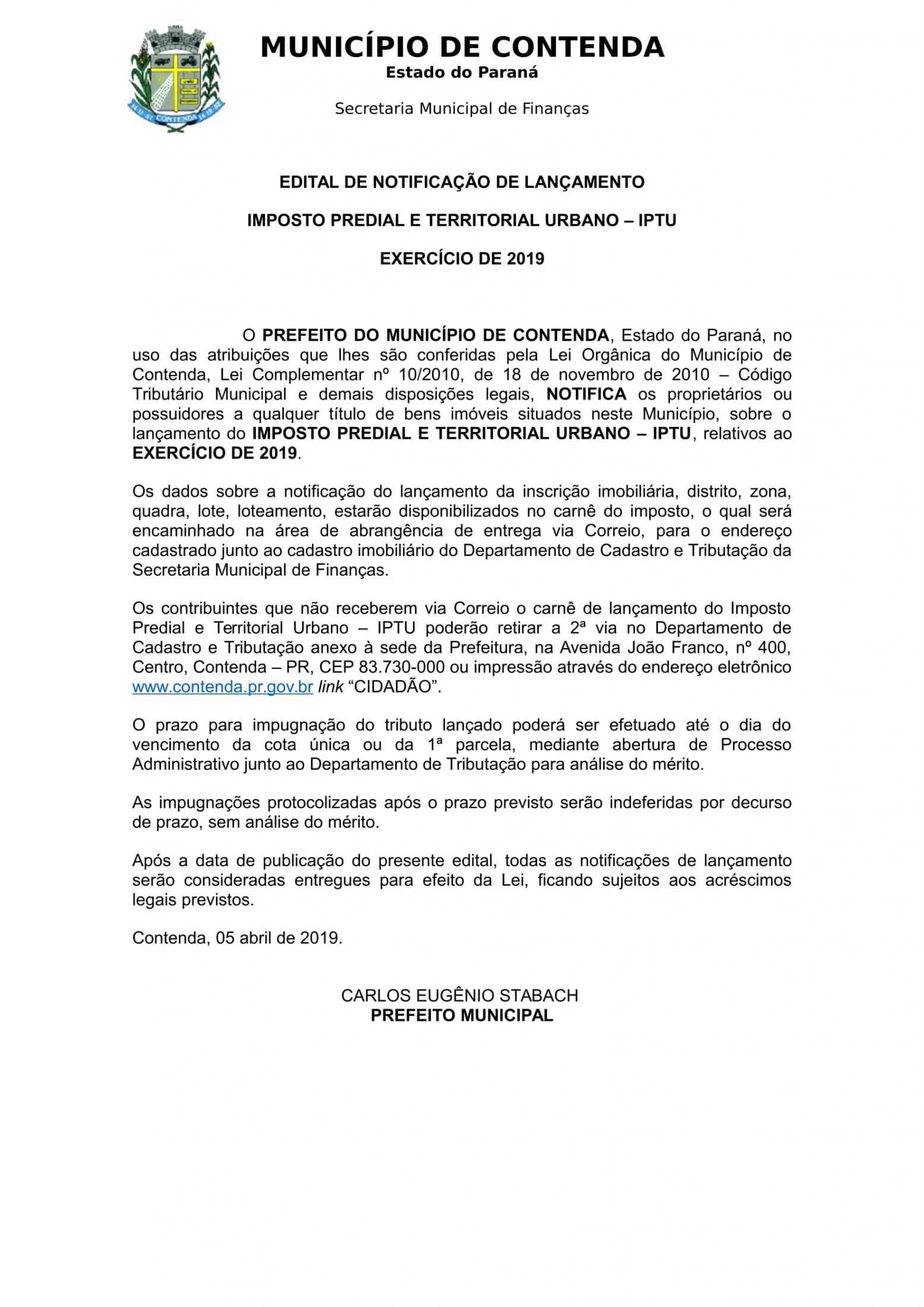 EDITAL DE NOTIFICAÇÃO - LANÇAMENTO IPTU 2019