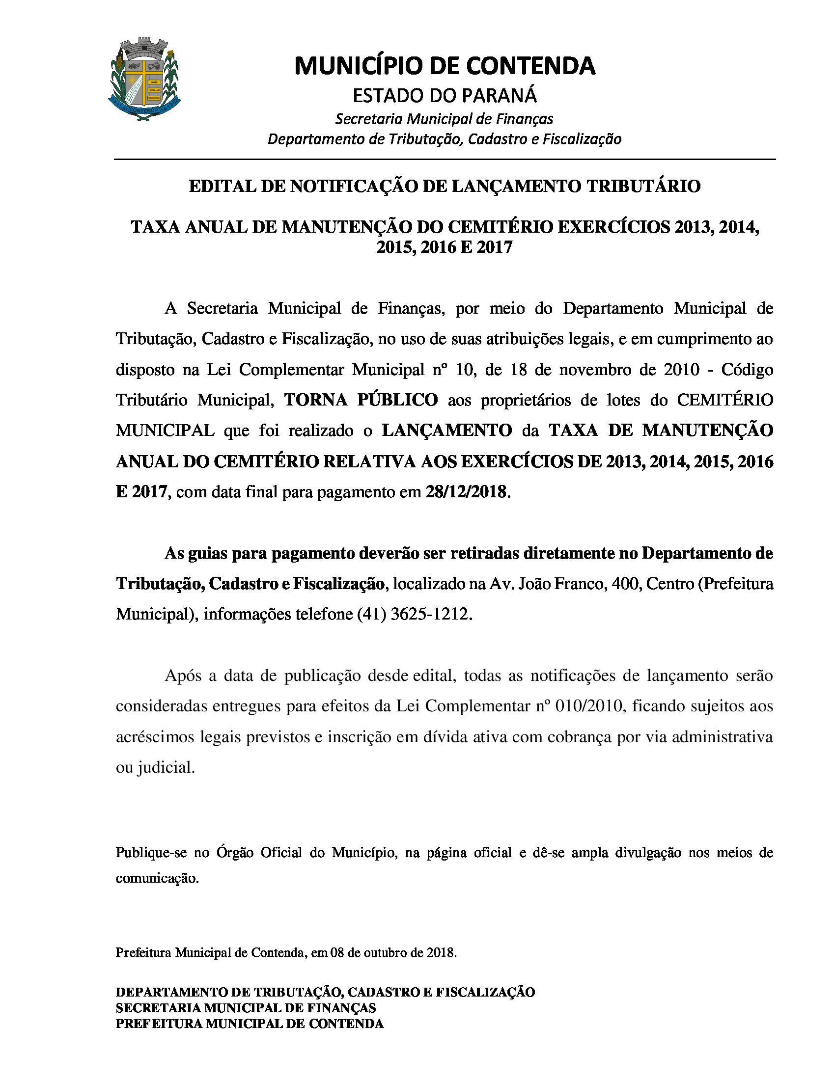 Contenda lança editais de notificação com taxas de manutenção anual do Cemitério