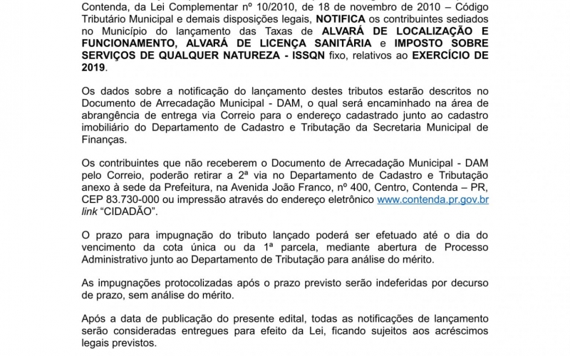 EDITAL DE NOTIFICAÇÃO - LANÇAMENTO ALVARÁ ISSQN 2019