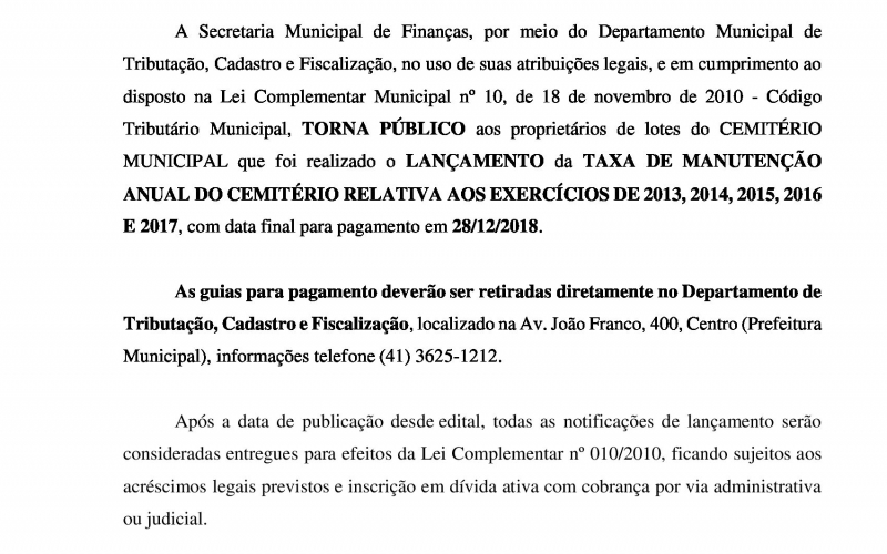 Contenda lança editais de notificação com taxas de manutenção anual do Cemitério